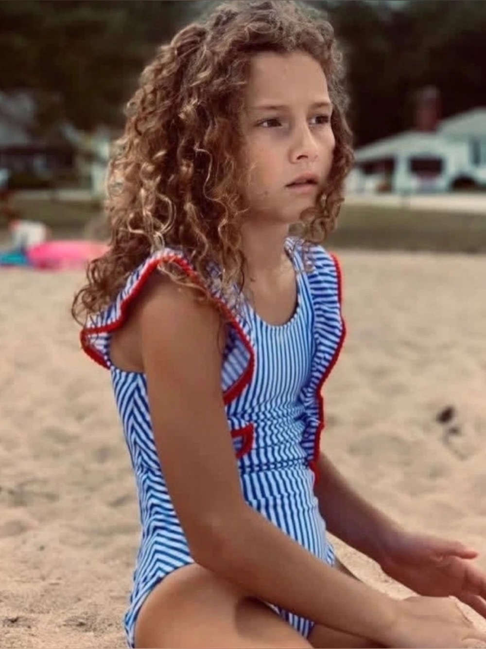 Cat & Jack Girls' Striped Pom-Pom Ruffled One-Piece Swimsuit Small (4/5)